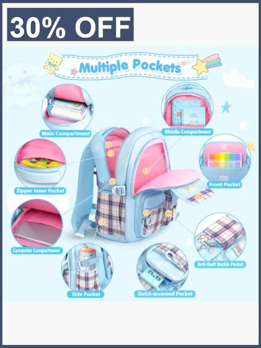 Kids Anti-Theft Backpack with 24 Accessories, Waterproof Nylon School Bag